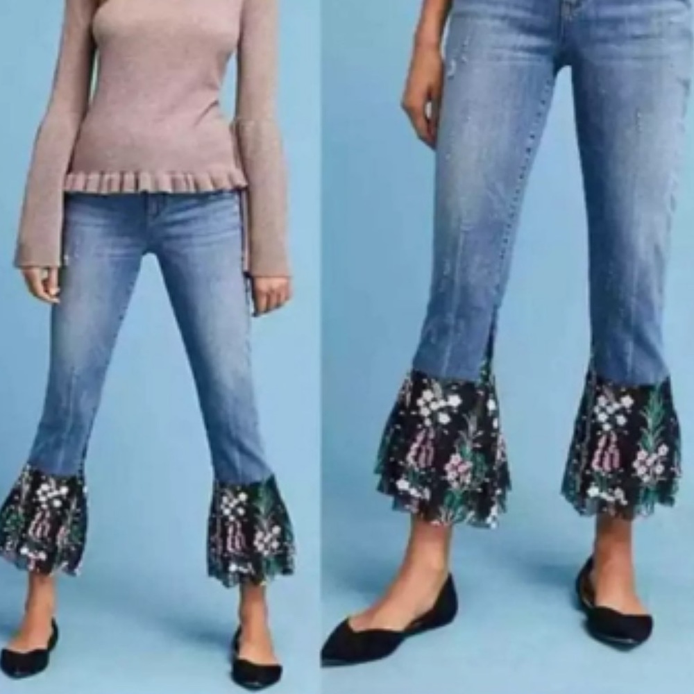 Anthropologie Pilcro floral lace embroidered flounce hem straight leg jeans 29
